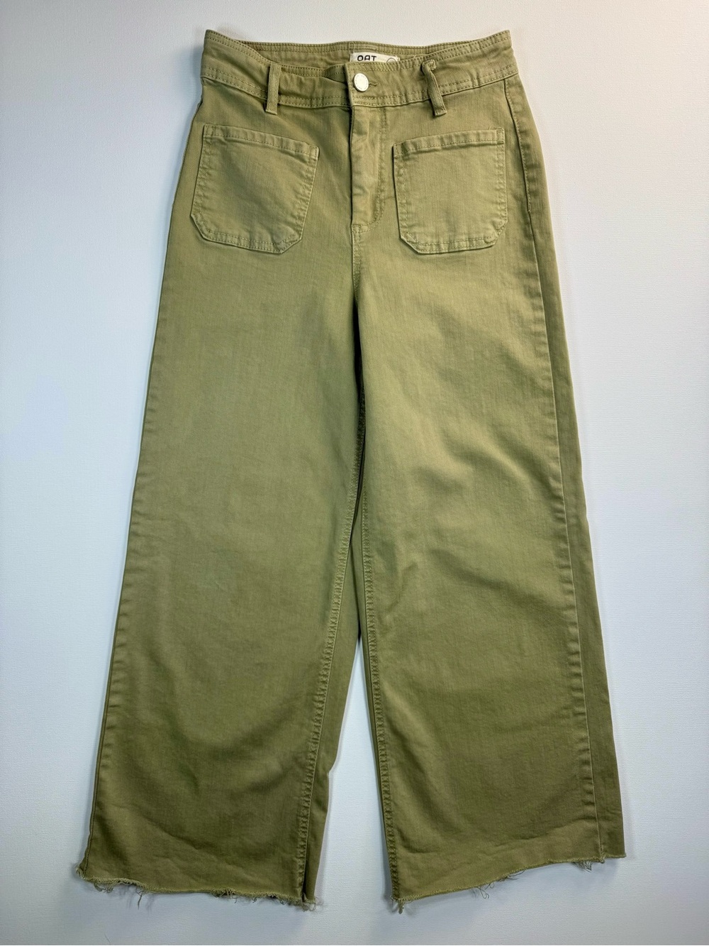 OAT Sage Olive Women’s Wide Leg Distressed Hem High Rise Crop Pants Trouser 0 25